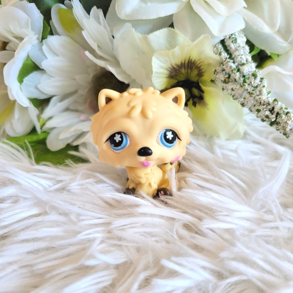 Littlest Pet Shop LPS #662 Chow Chow Dog Blonde Cream Blue Eyes Pink Flower - Picture 2 of 10